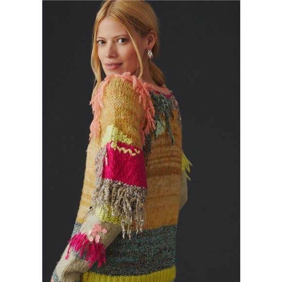 NWT By Anthropologie Fringed Colorblock Sweater Size Xtra Small